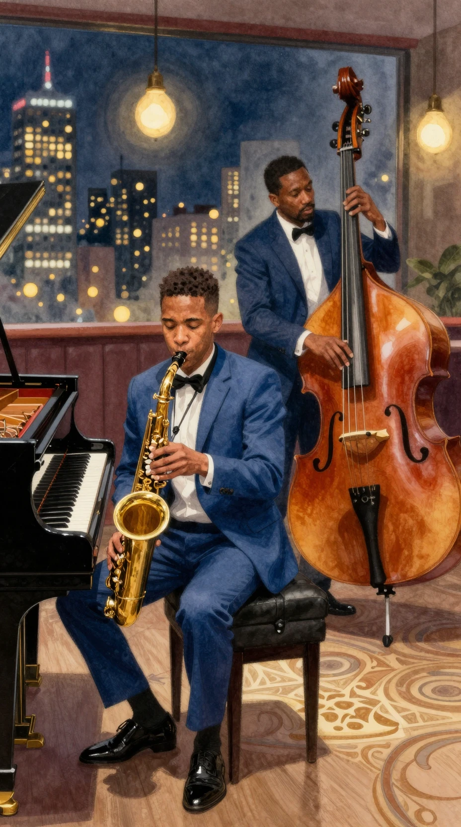 Color pencil jazz duo in an elegant night club