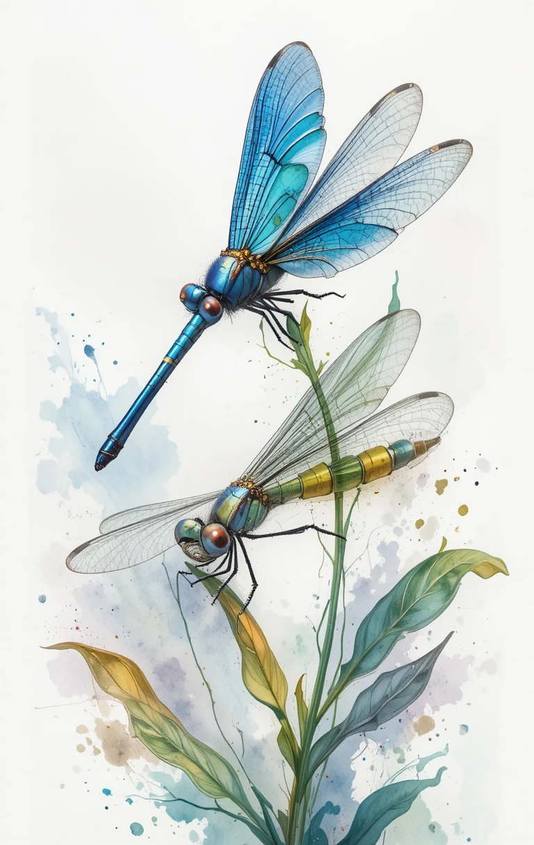 Deux libellules sur des tiges vertes en style aquarelle