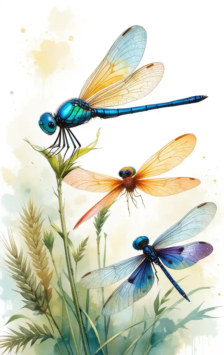 Colorful dragonflies on green stems in watercolor style