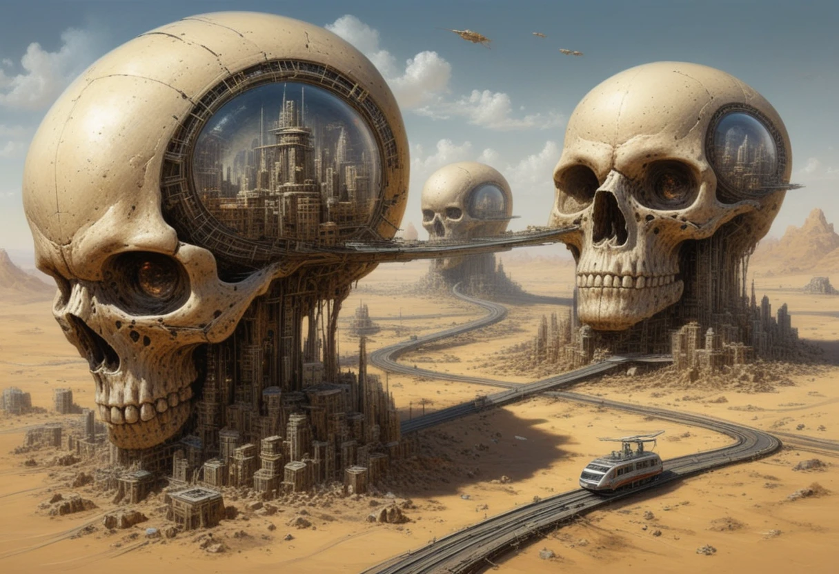 Surreal Futuristic Cities Built Inside Alien Desert Skulls