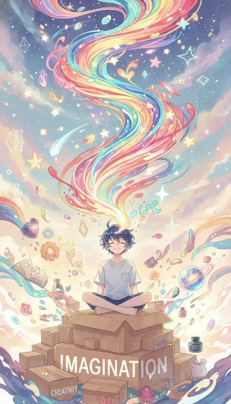 Anime boy on boxes of imagination and creativity