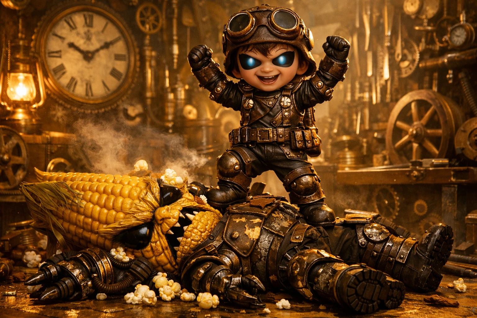 Steampunk Boy Victorious Over Evil Mechanical Corn Cob