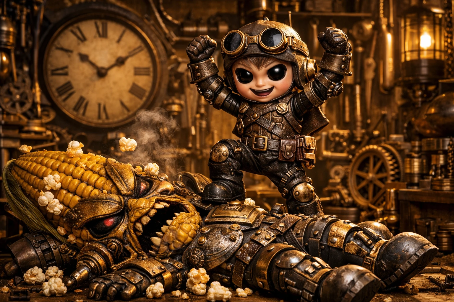 Steampunk boy triumphs over evil corn cob in workshop