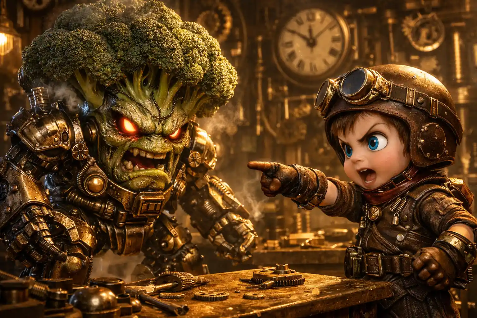 Steampunk boy confronts armored broccoli in tense workshop