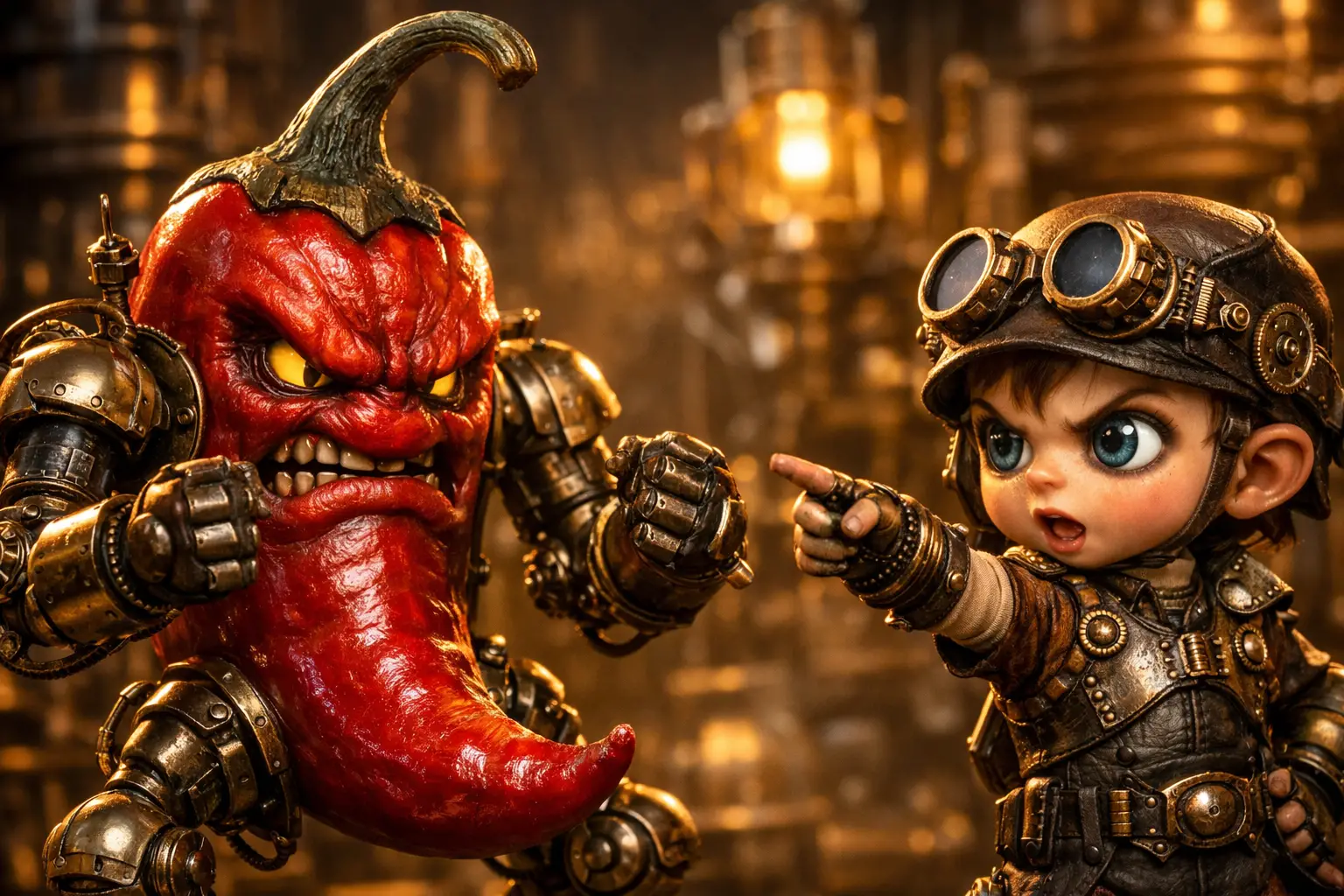 Piment chili steampunk affrontant un courageux garçon mécanique
