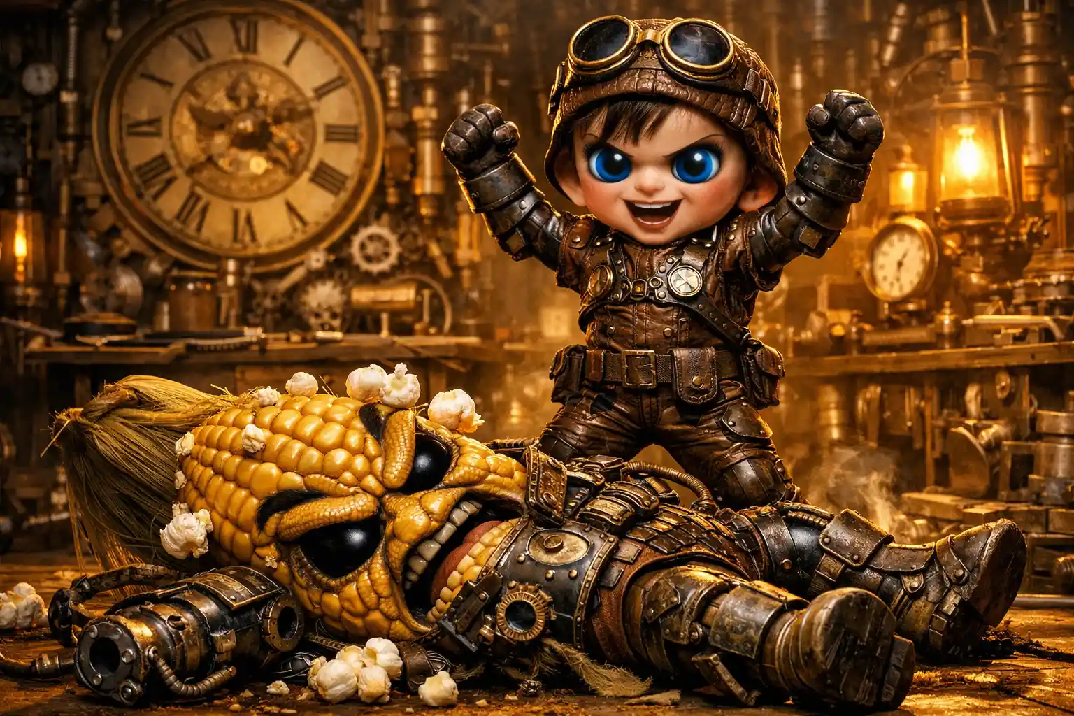Steampunk boy victorious over menacing mechanical corn foe