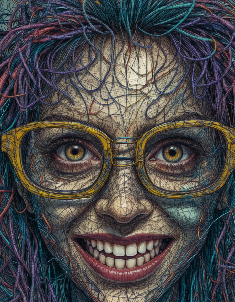 Surreal scribbled woman with cracked glasses and wired hair