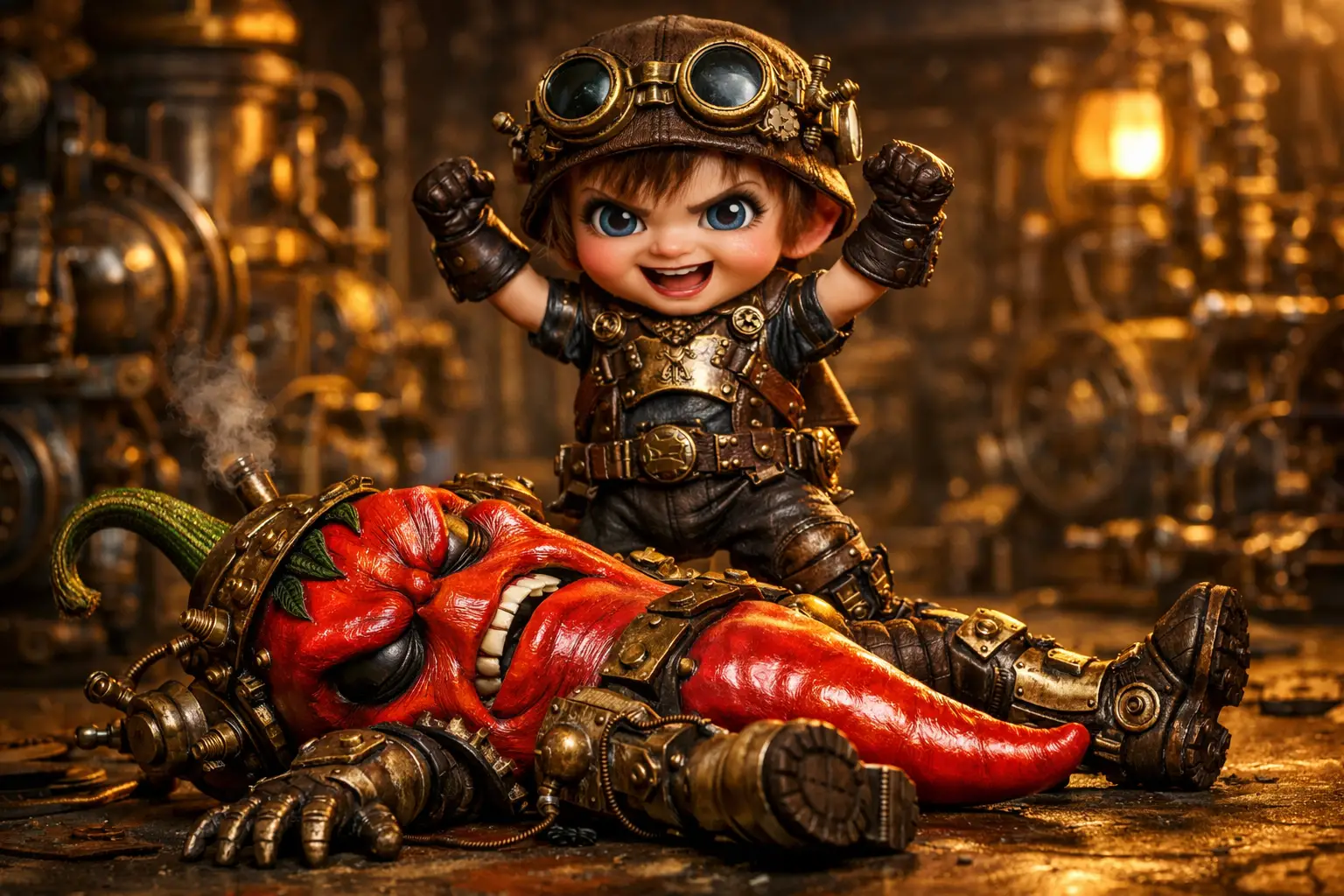 Piment steampunk vaincu par un garçon mécanique triomphant