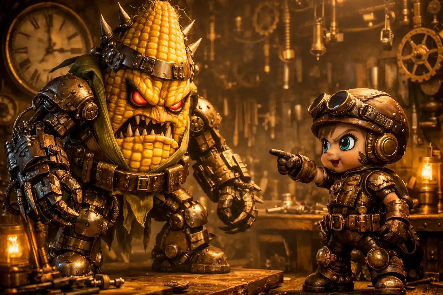 Steampunk showdown between evil corn cob and brave robot boy