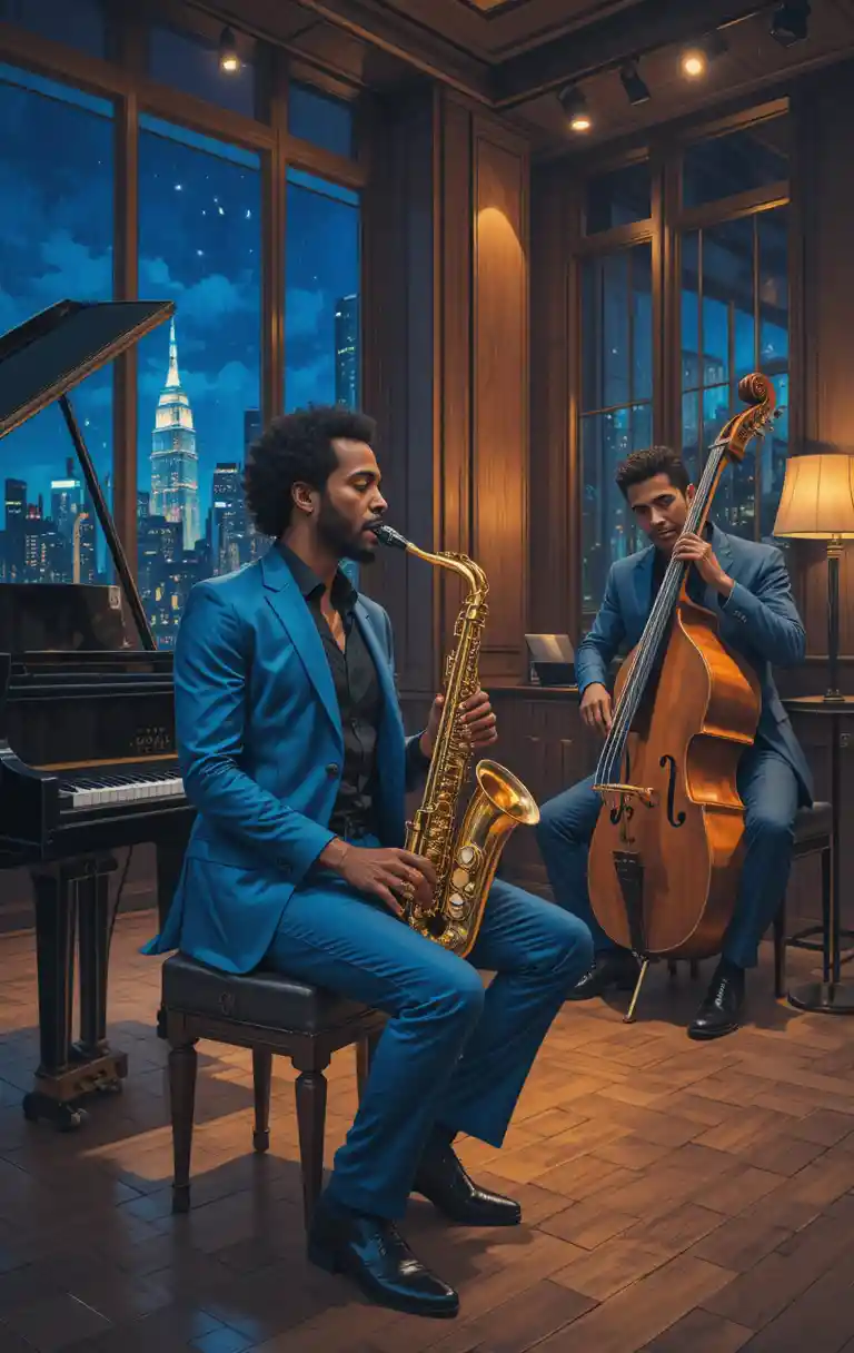 Elegant jazz saxophonist and bassist in a luxury club