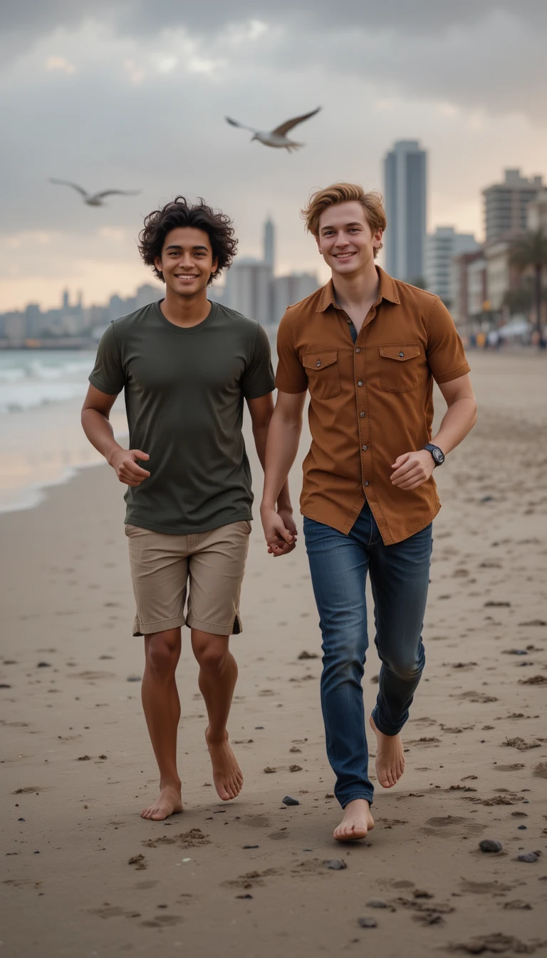 Coppia di adolescenti che corre mano nella mano sulla spiaggia al tramonto