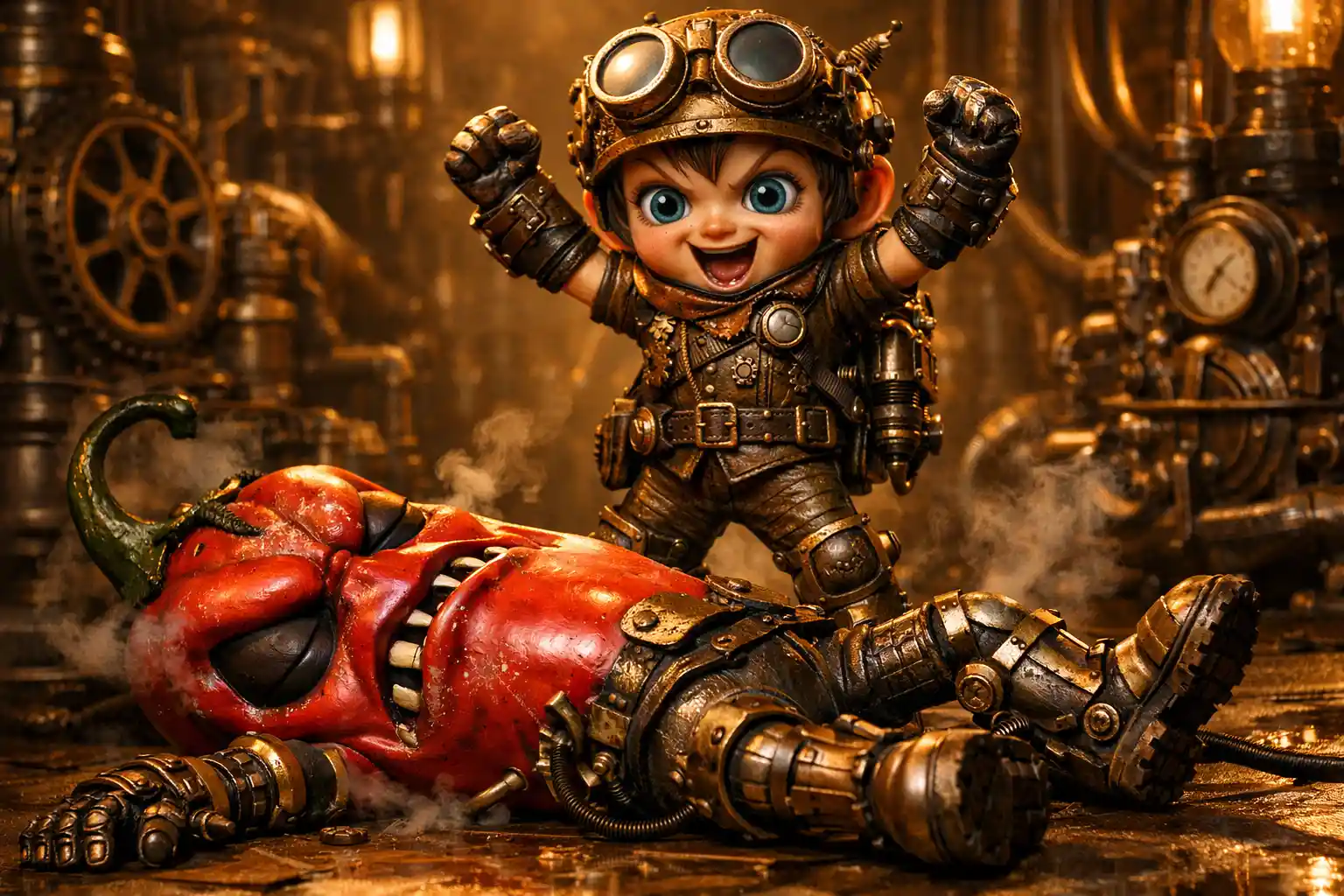Piment steampunk vaincu par un petit garçon mécanique
