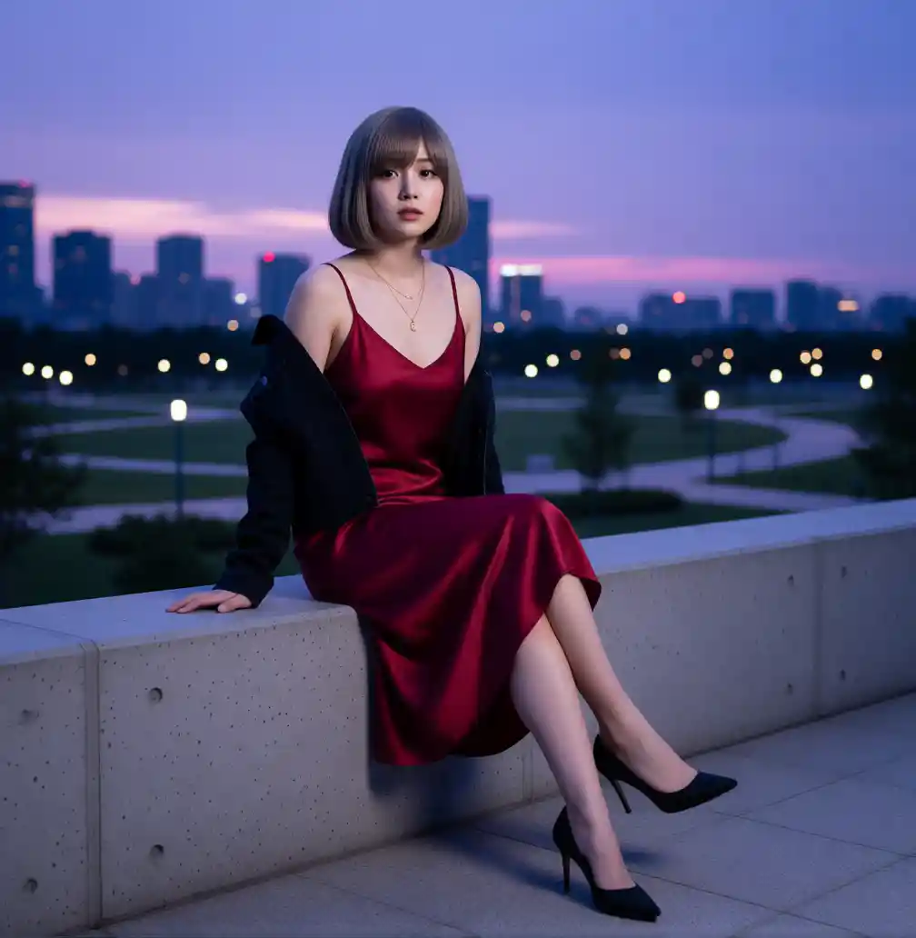 Woman in red slip dress on urban ledge at dusk
