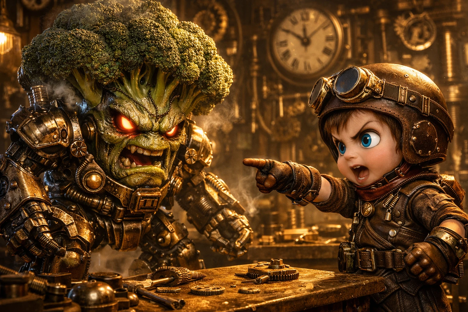 Steampunk boy confronts armored broccoli in tense workshop