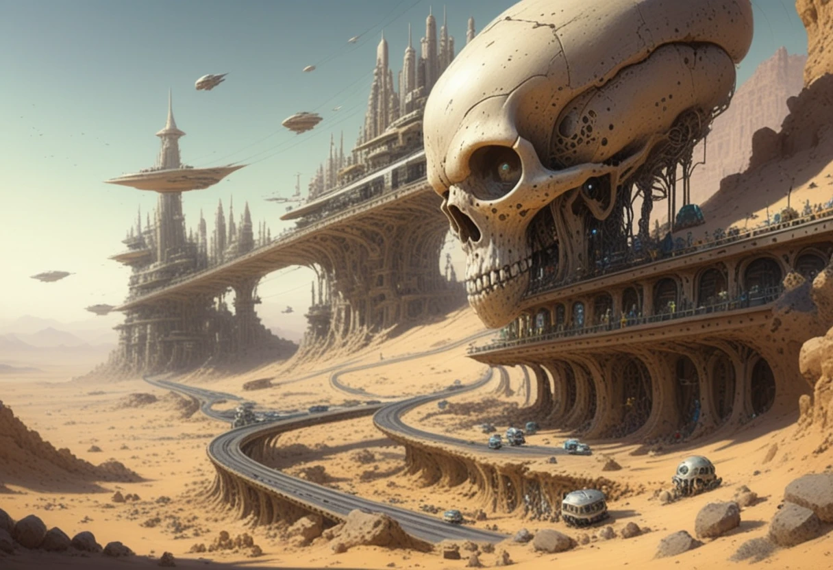 Cidades futuristas construídas dentro de crânios gigantes de alienígenas no deserto