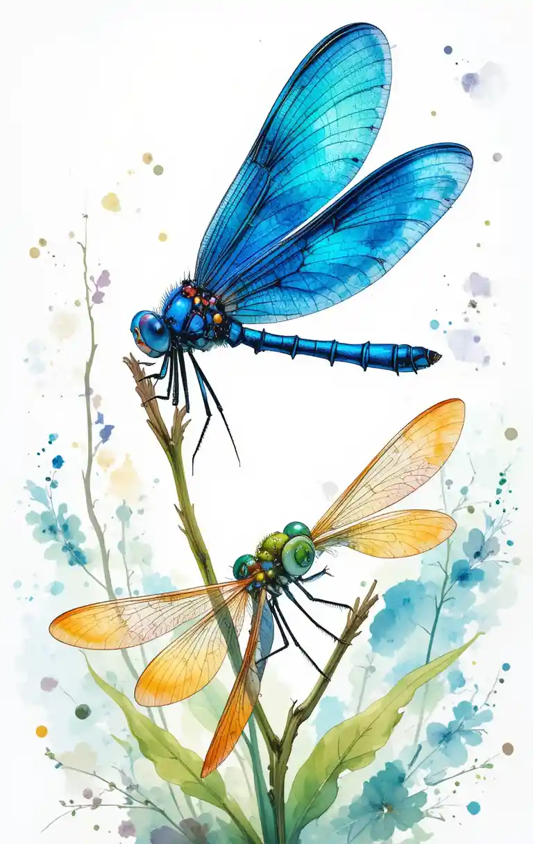 Two watercolor dragonflies on green stems in pastel hues