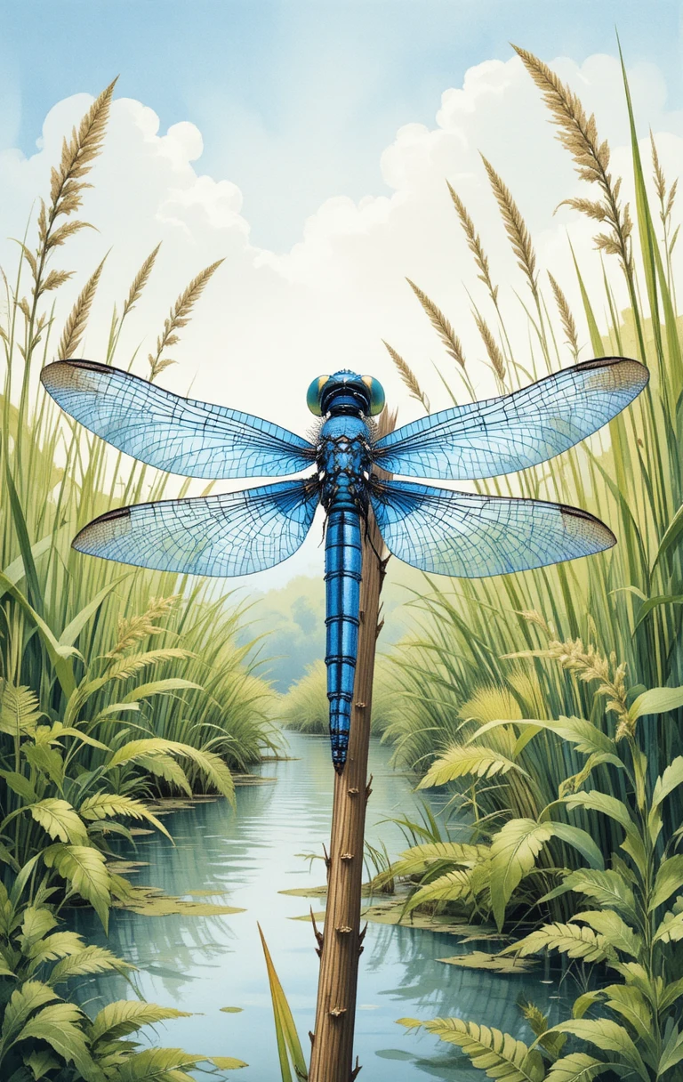 Libélula azul em junco em serena cena aquarela de área alagada