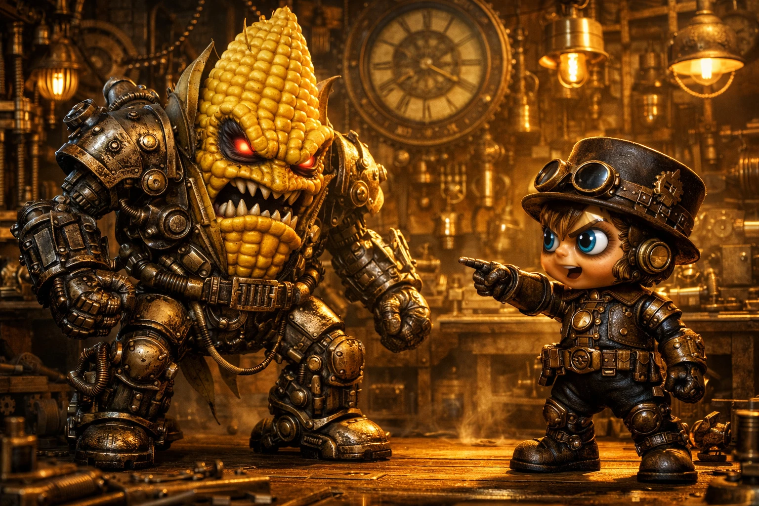 Steampunk Corn Villain Faces Brave Mechanical Boy In Workshop