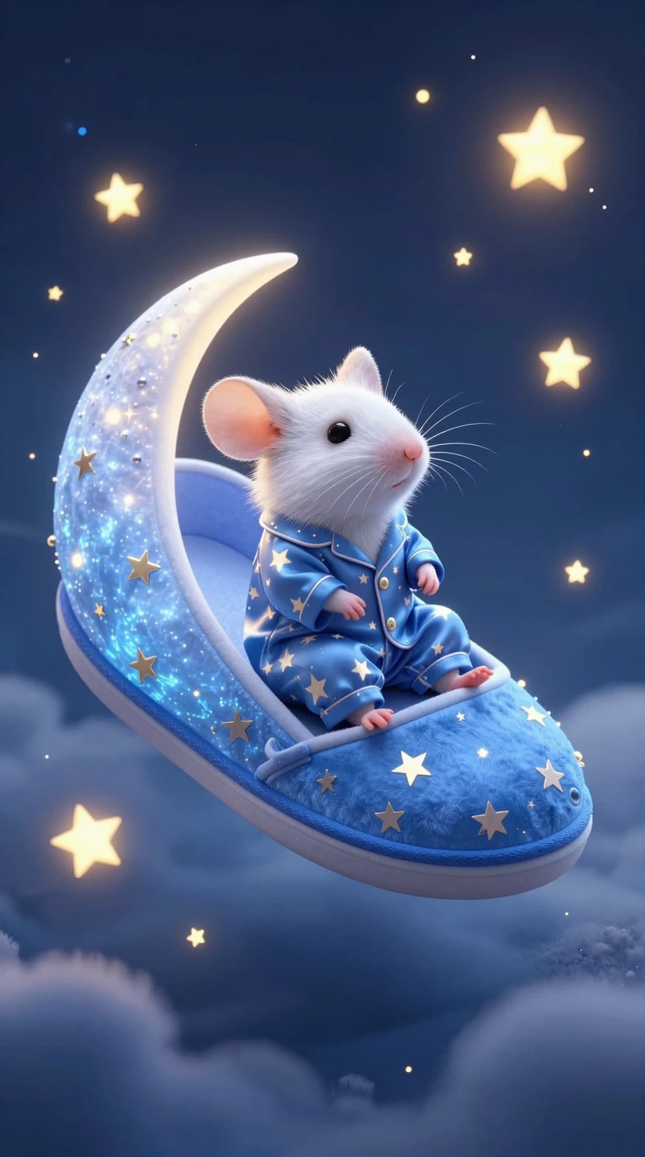 Winzige Maus im leuchtenden Mond-Pantoffel zwischen Samtwolken