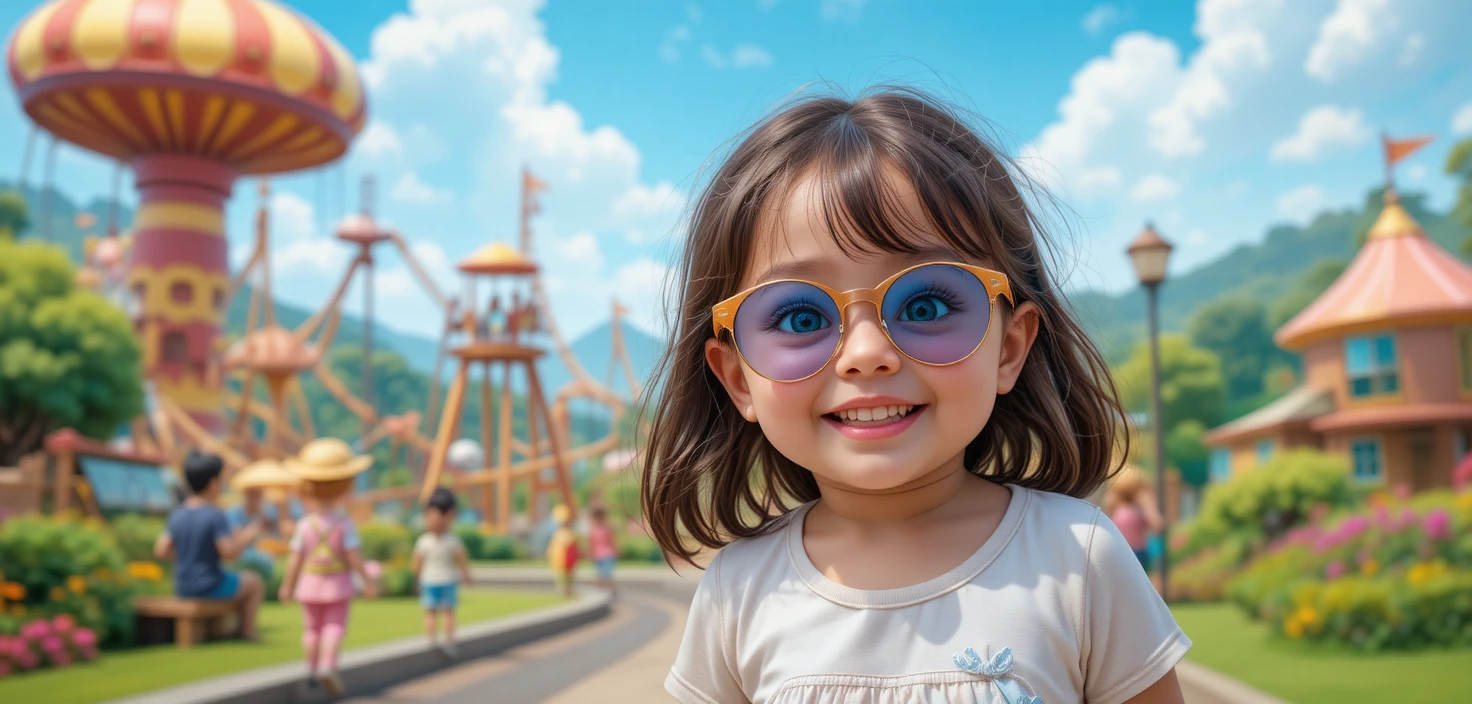 Playful little girl at a colorful amusement park