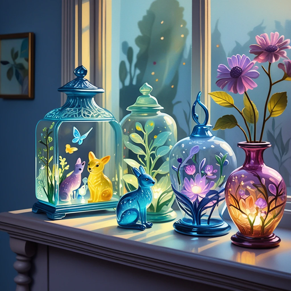 Glass animal figurines glowing softly in a cozy room