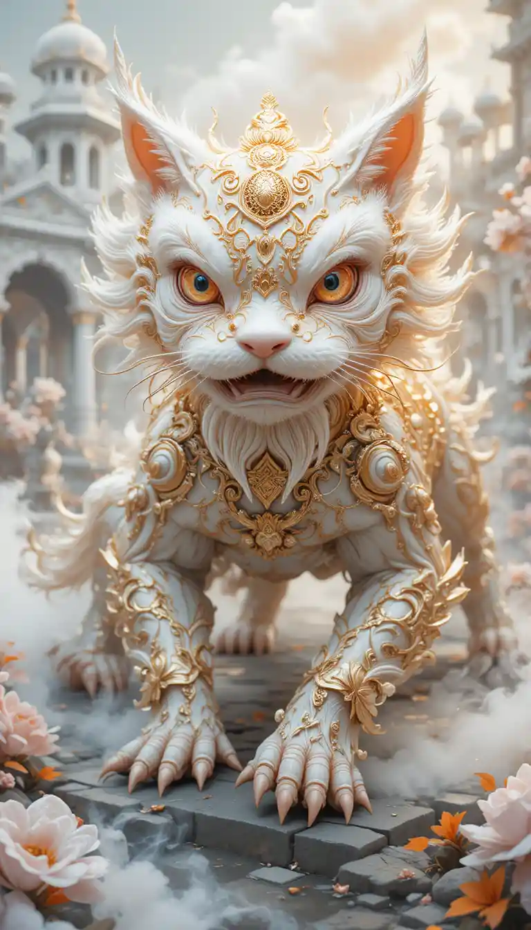 Mythical cat spirit crawling before a white fairy tale palace