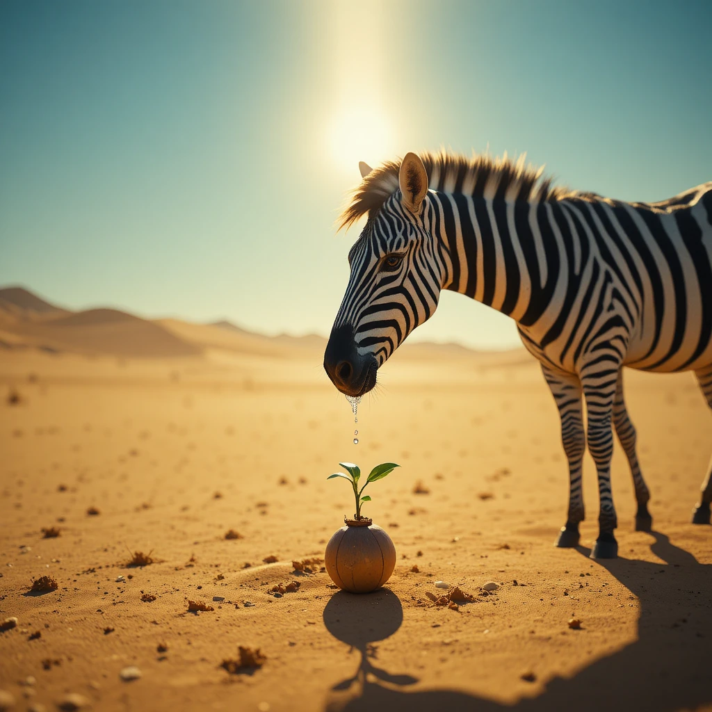 Lonely zebra watering a tiny sprout in scorching desert sun