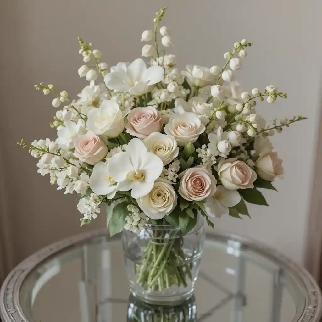 Buquê de flores de luxo sobre mesa de vidro prateada