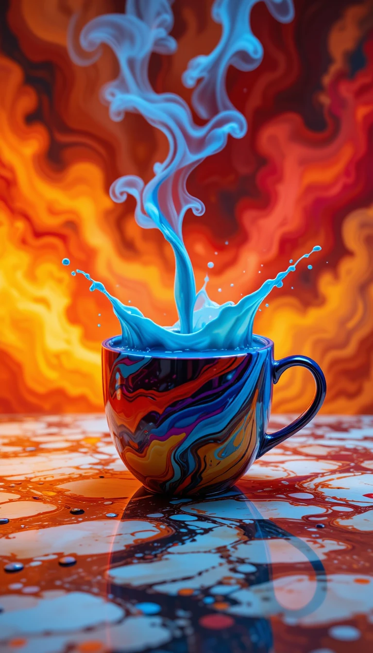Tasse de café colorée éclaboussant un liquide bleu sur fond enflammé