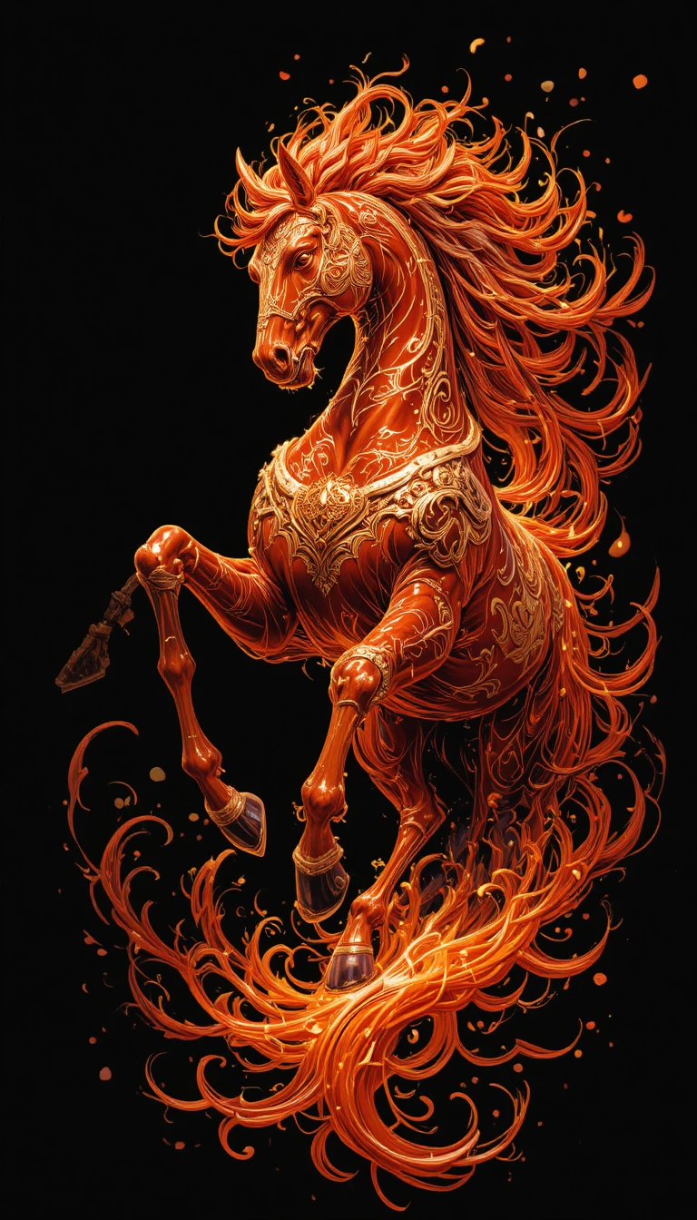 Cavalo vermelho em chamas avançando através do fogo em fundo preto
