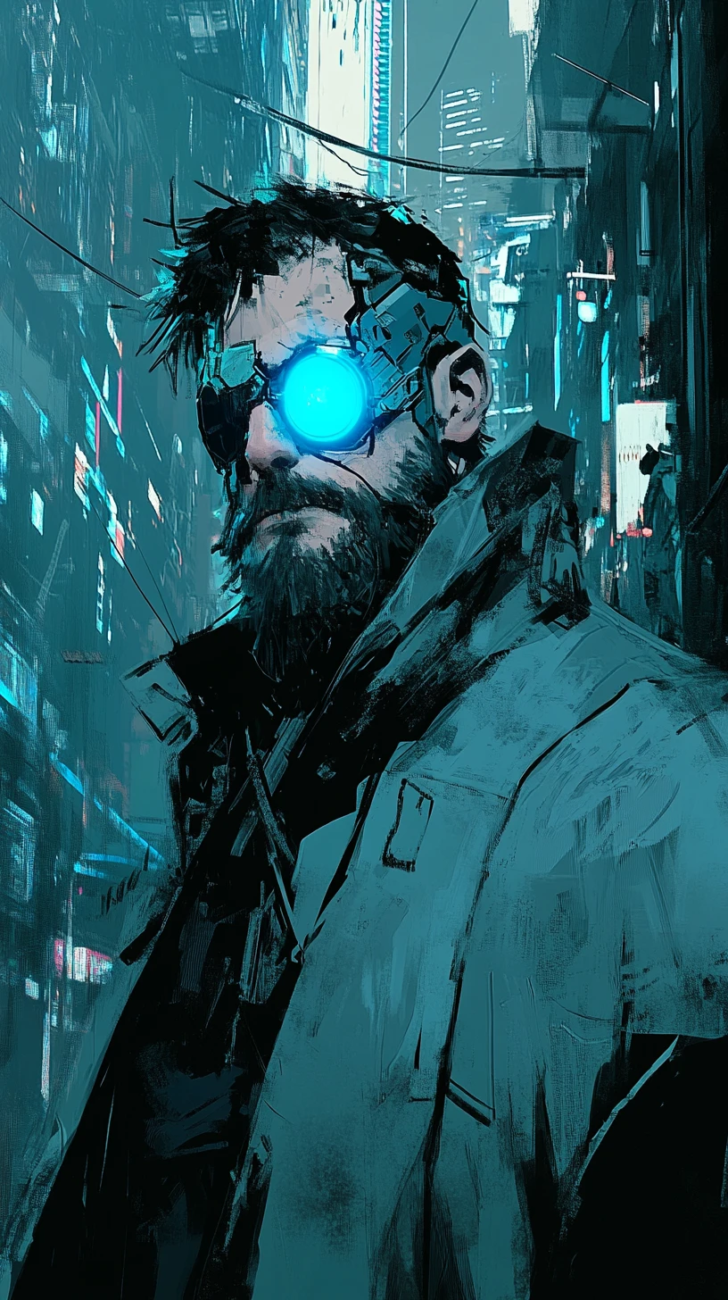 Cybernetic detective with glowing blue eye in chaotic city