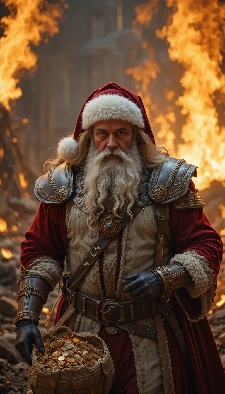 Armored Santa like warrior walking through fiery inferno