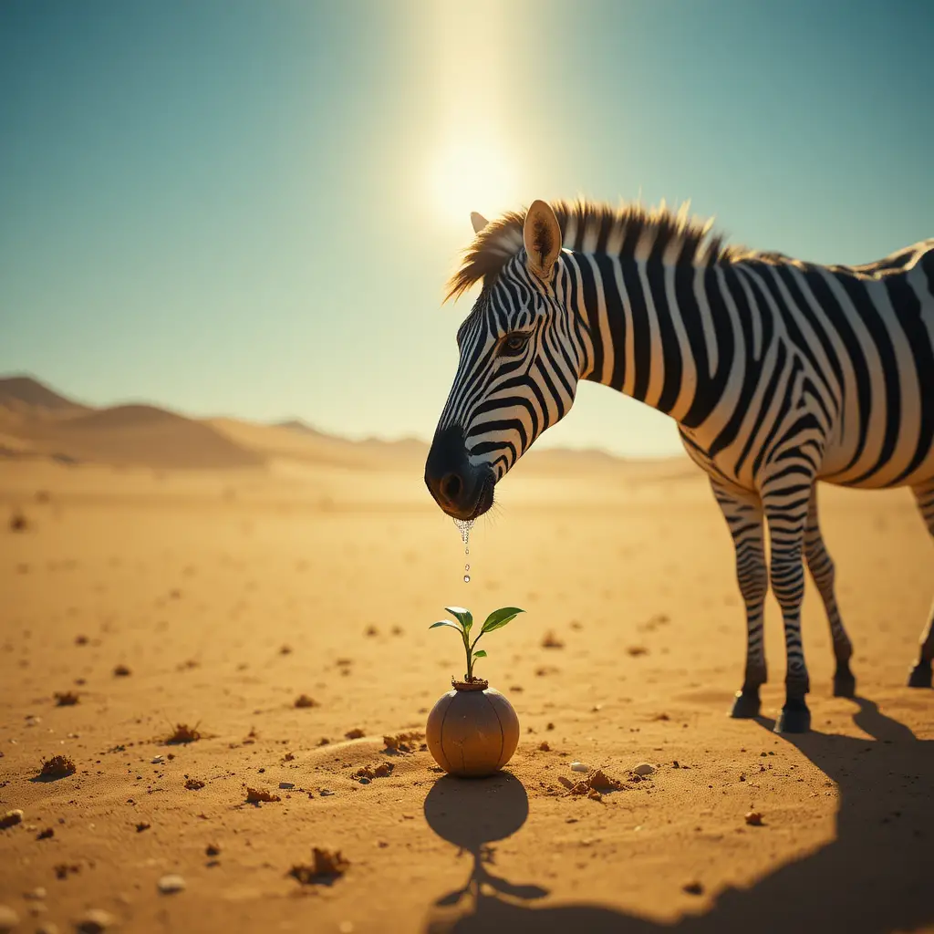 Einsames Zebra bewässert einen winzigen Spross in der sengenden Wüstensonne
