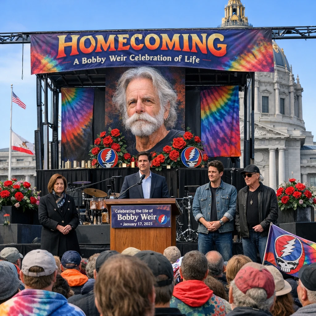 Crowd gathering in a city square for a memorial celebration