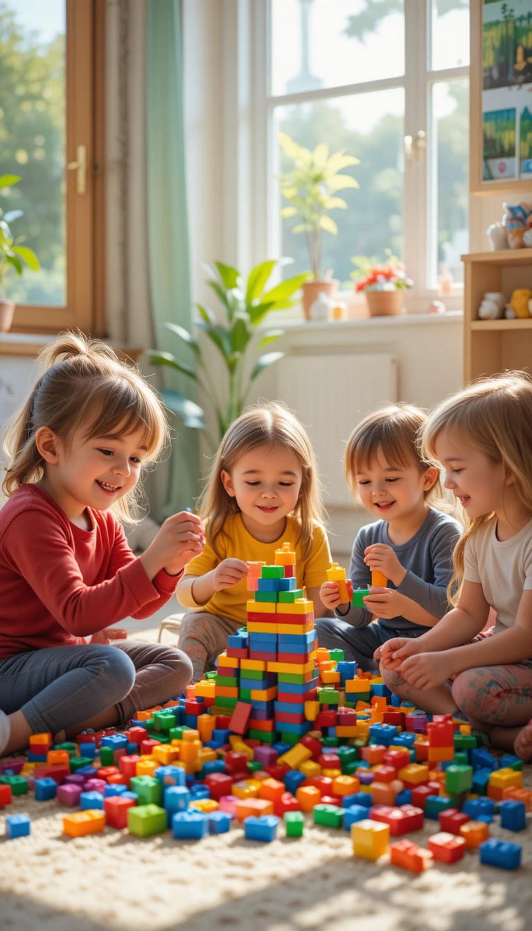 Enfants jouant ensemble avec des Lego colorés sur le sol