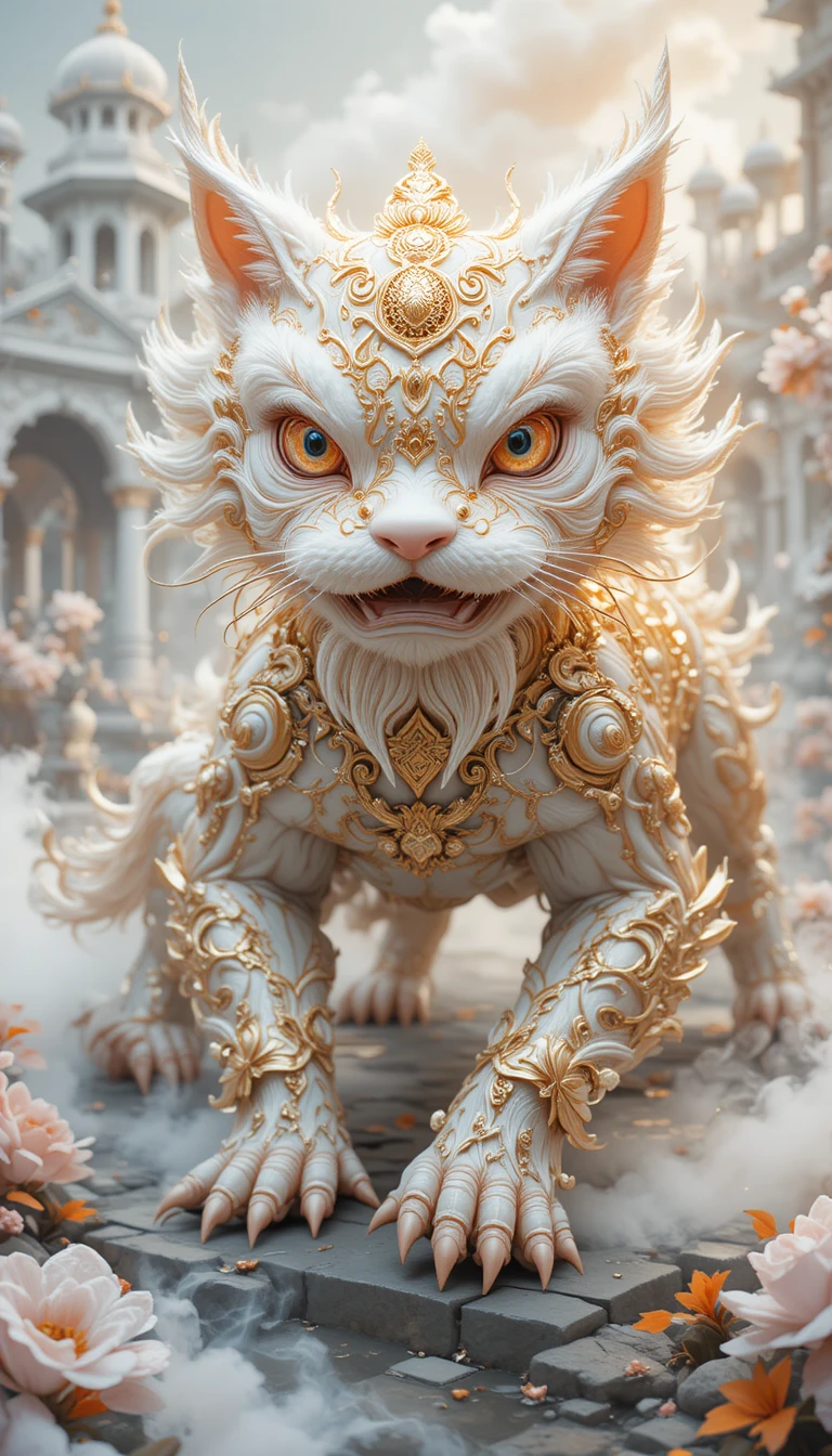 Mythical cat spirit crawling before a white fairy tale palace