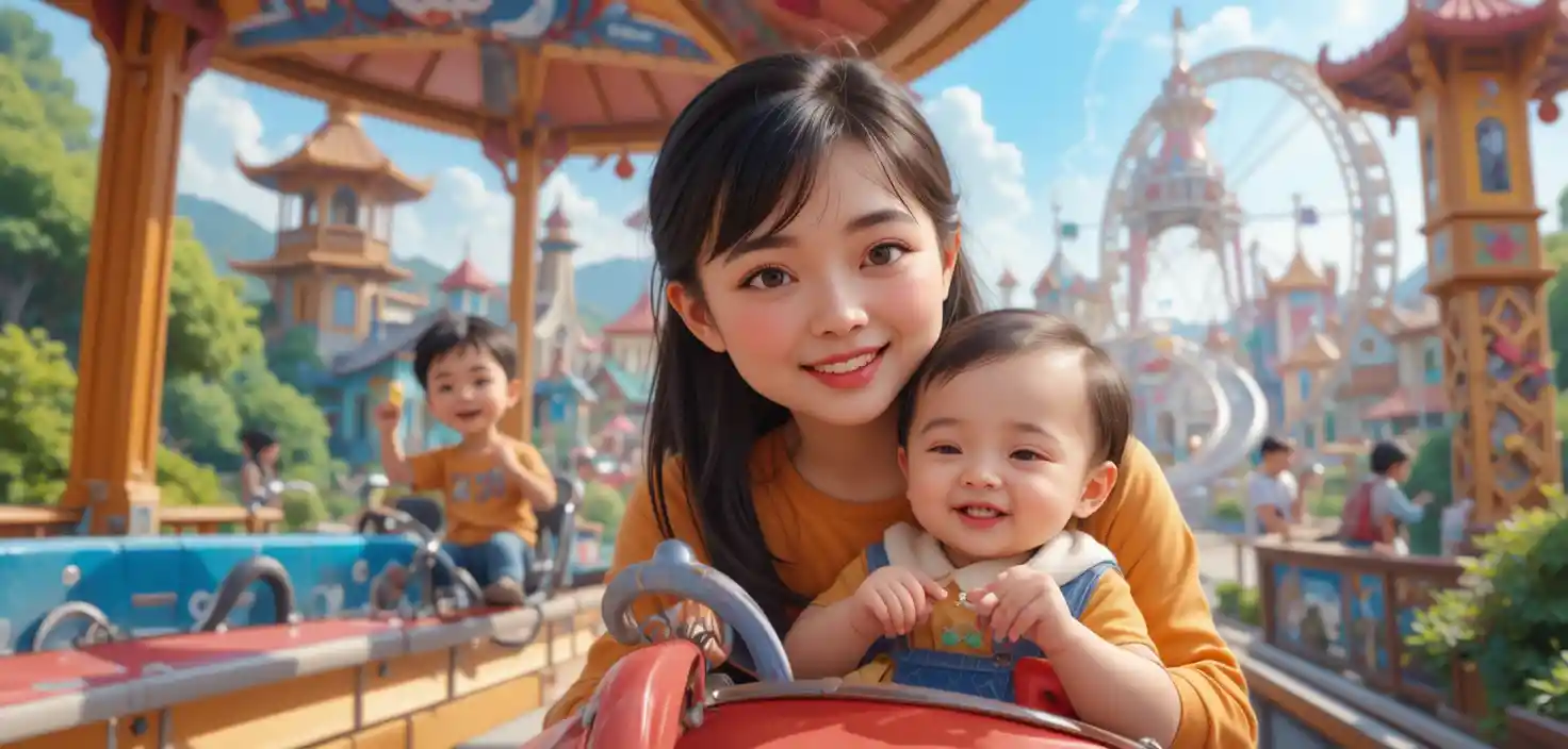 Families enjoying rides in a playful amusement park illustration