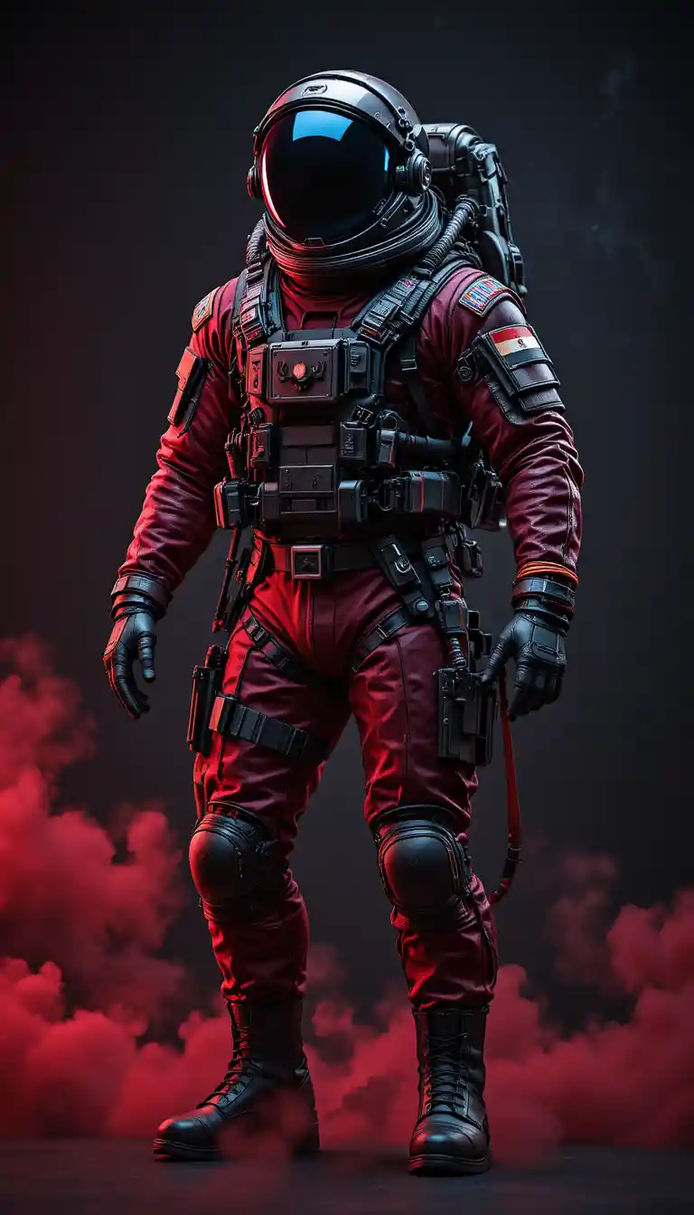 Taktischer Astronaut in rot-schwarzem Anzug vor Studiohintergrund