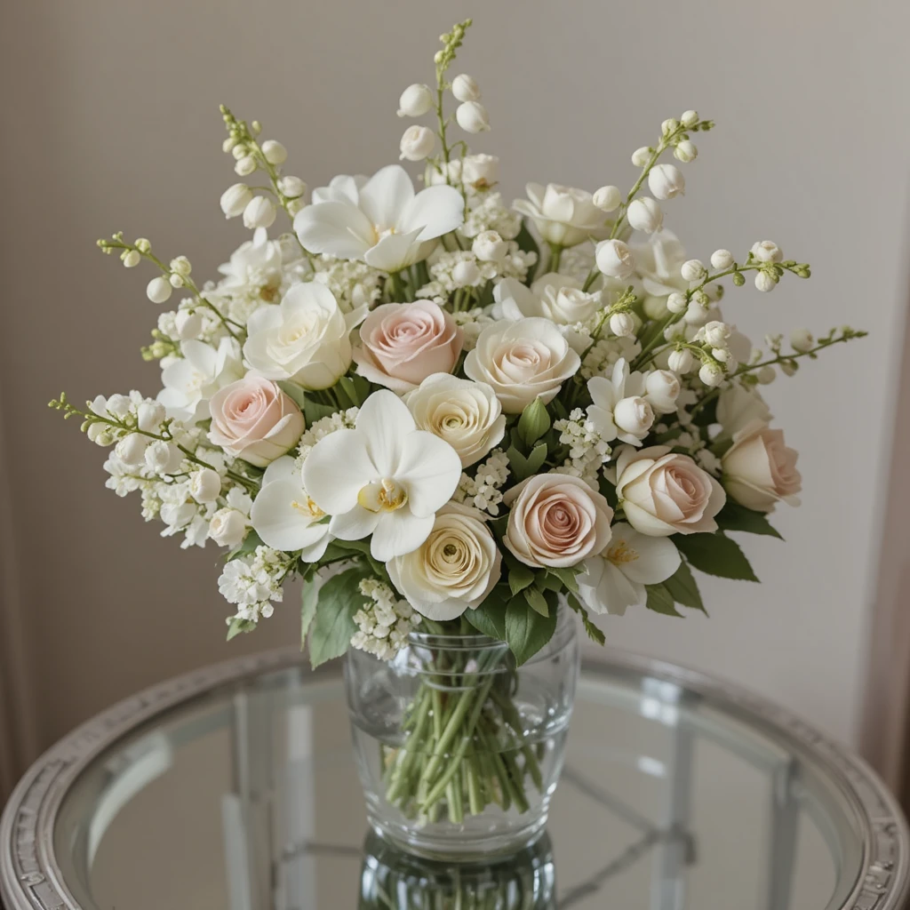 Luxuriöser Blumenstrauß auf silberner Glastischoberfläche