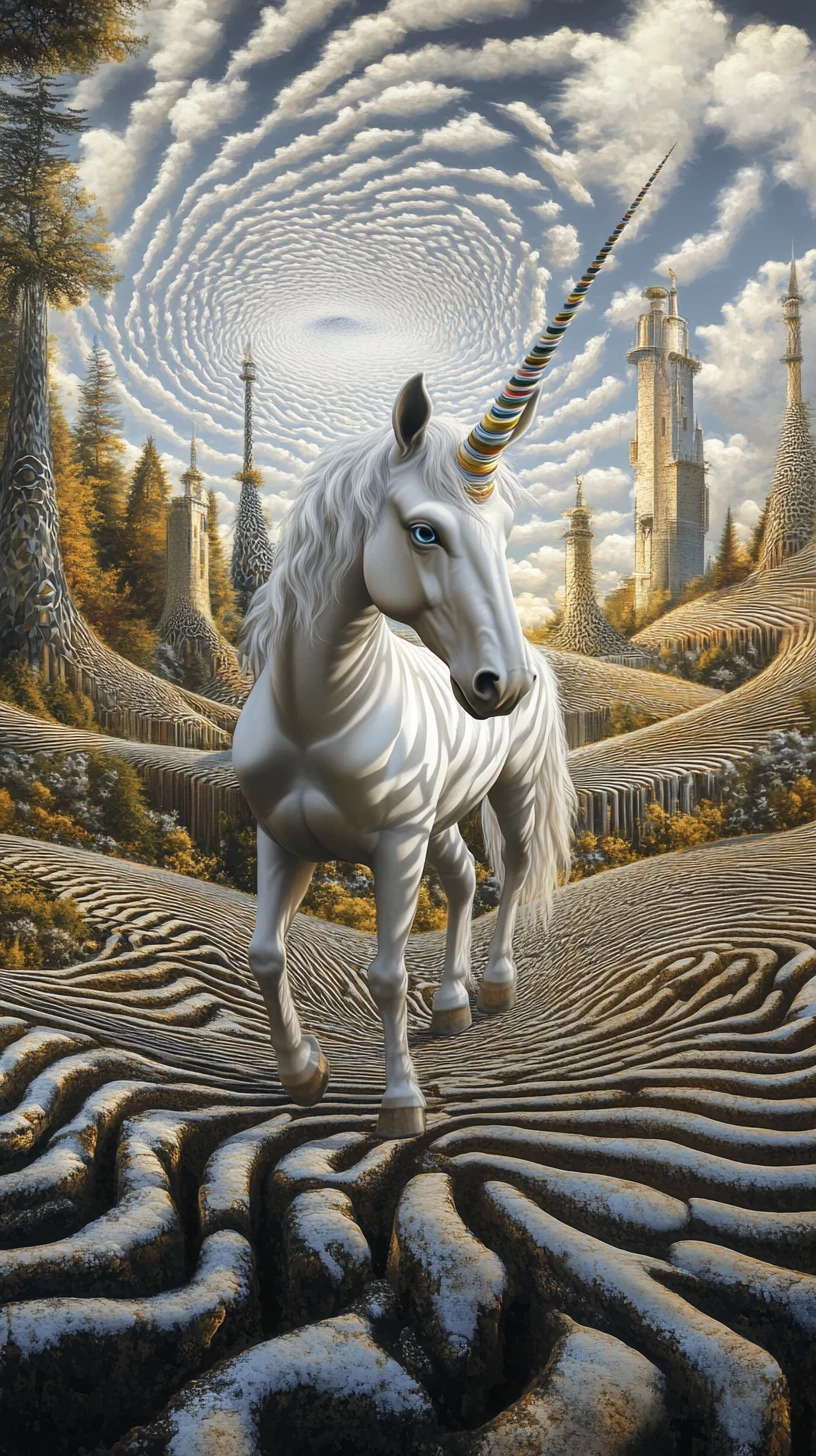 Illusione surreale di unicorno in una scena fantasy multistrato