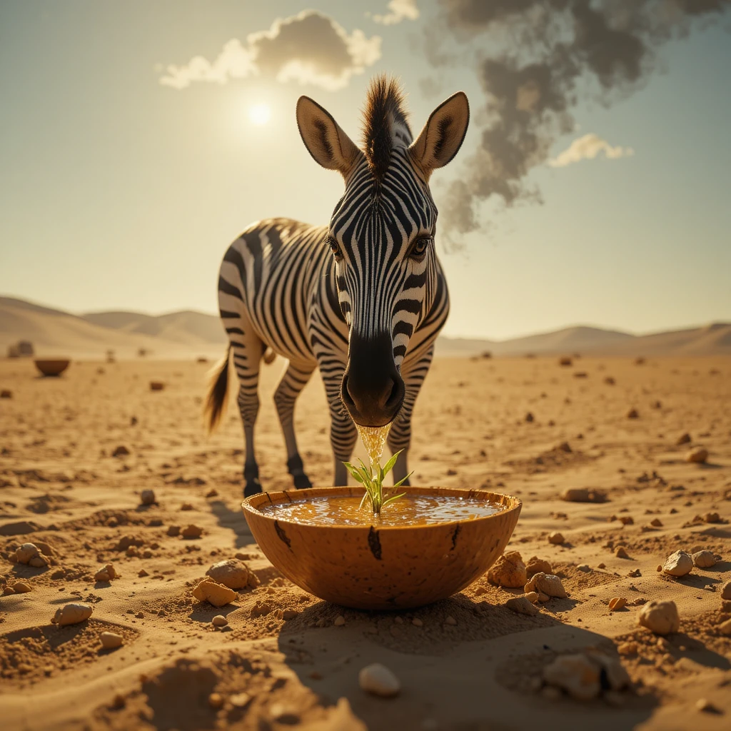 Zebra solitária regando um broto frágil sob o sol escaldante do deserto