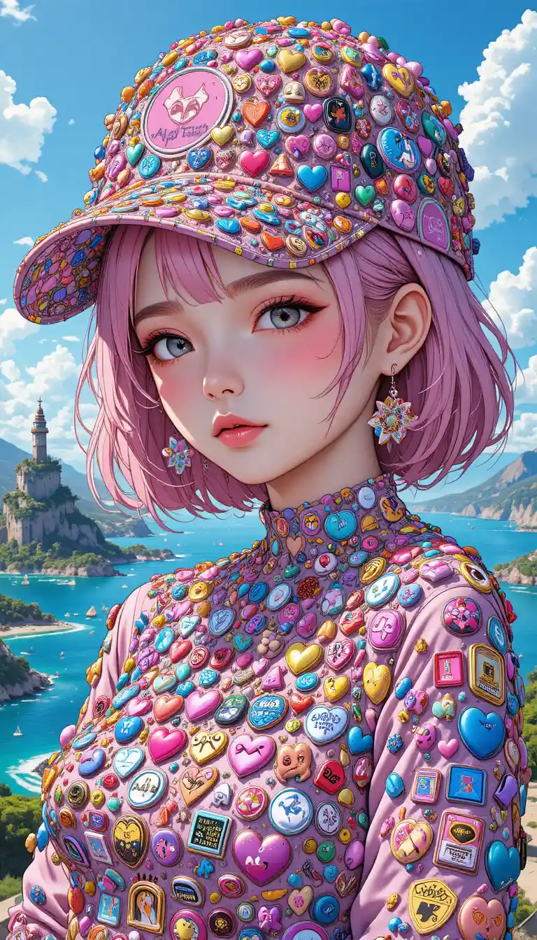 Ragazza anime con cappellino decora pastello su isola tropicale