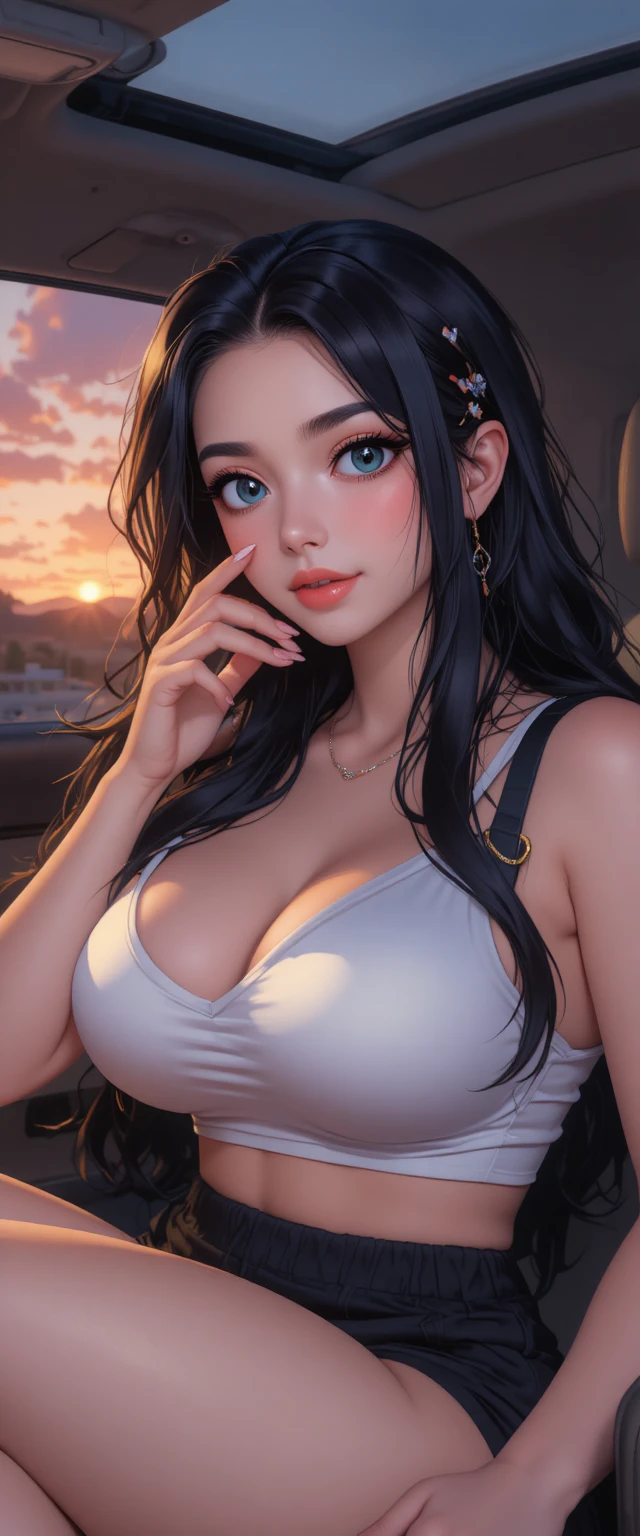 Femme d’anime se relaxant sur le siège passager au coucher du soleil