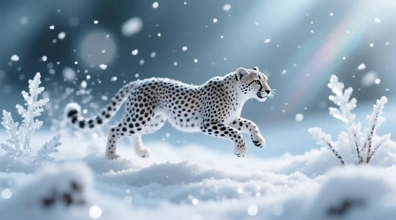 Guepardo prateado em uma paisagem de neve em miniatura congelada