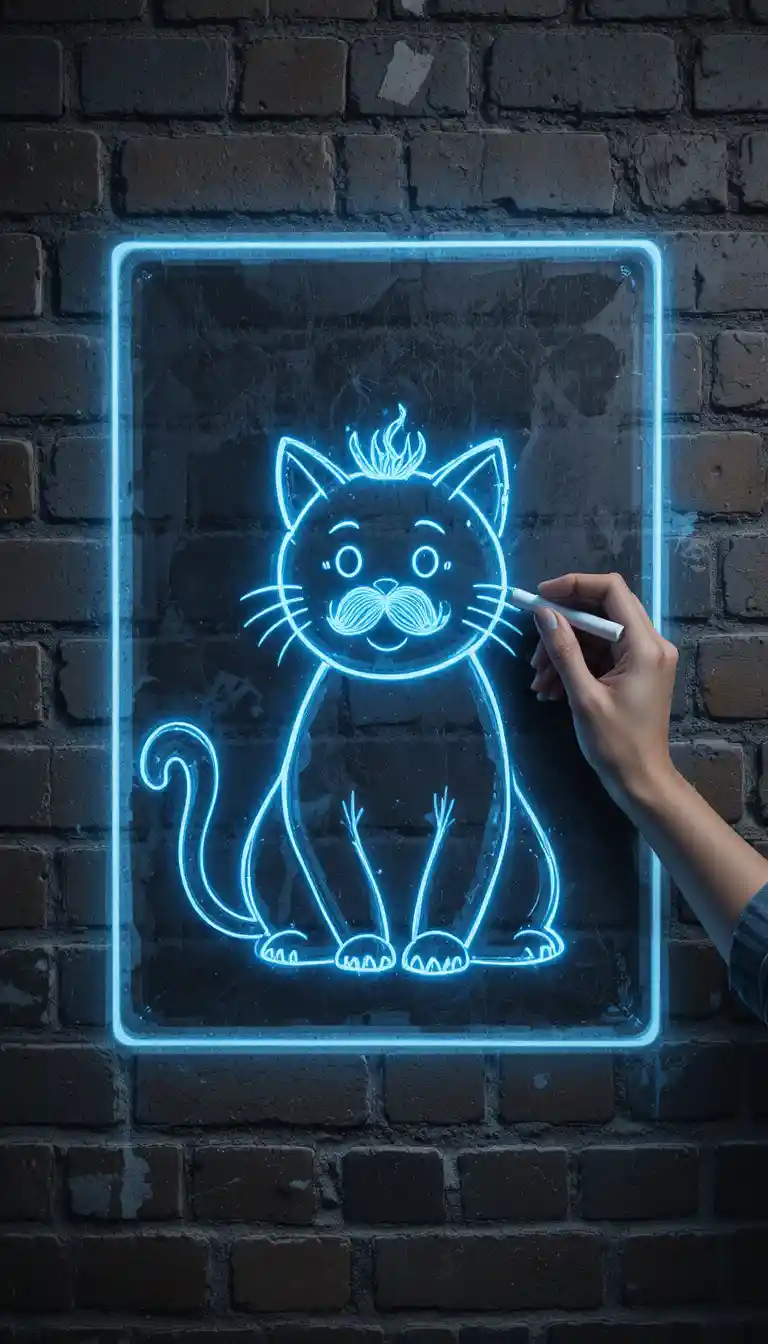 Leuchtende 3D-Kreidezeichnung einer Katze auf Ziegelwand