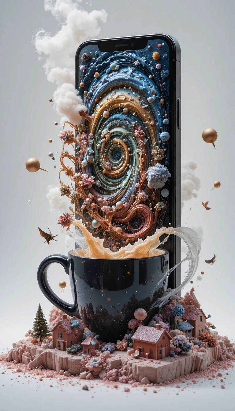 Mundo surreal de smartphone que emerge en un espacio blanco de estudio