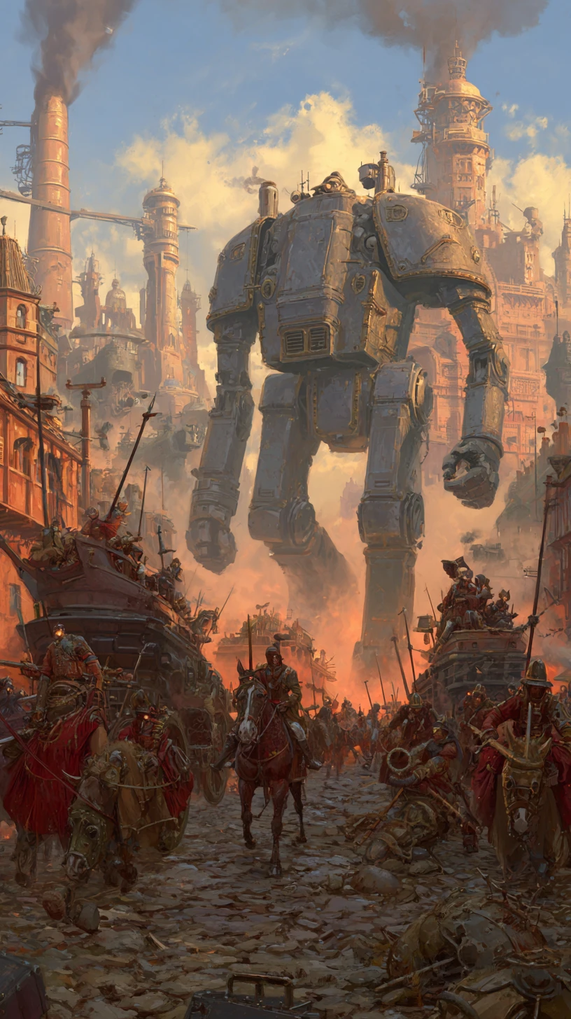 Steampunk soldiers charging on armored war machines in battle