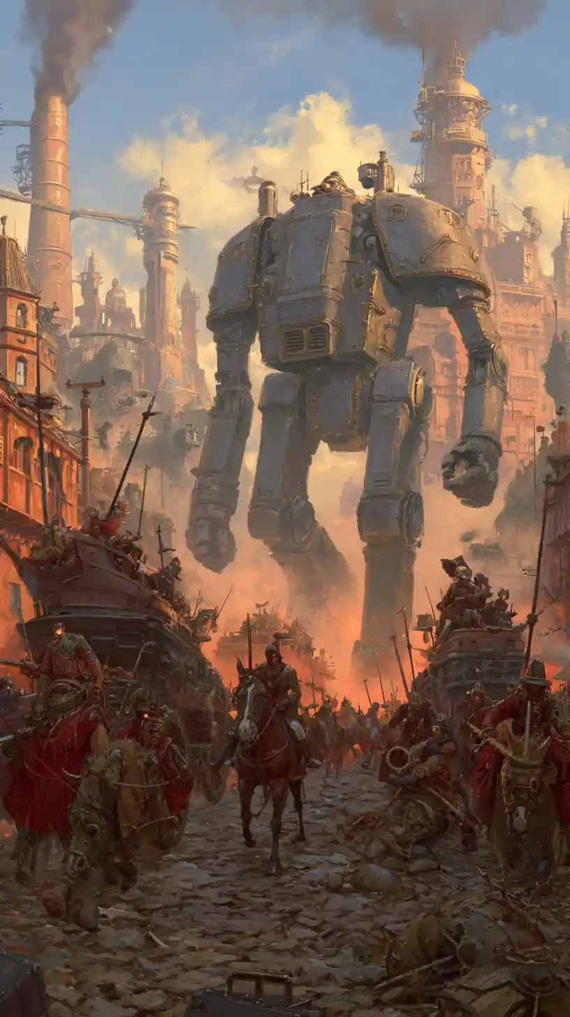 Steampunk soldiers charging on armored war machines in battle