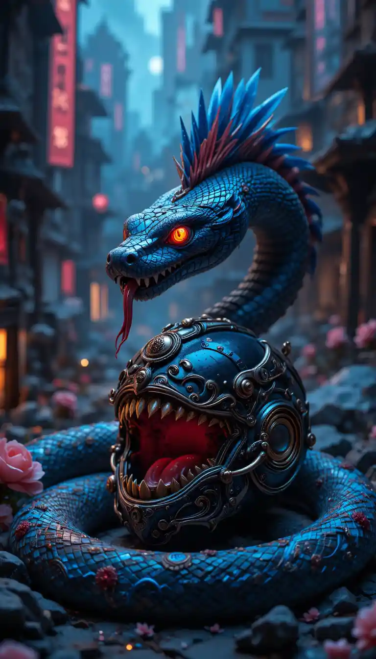 Primo piano di un serpente nero con motivi blu luminosi