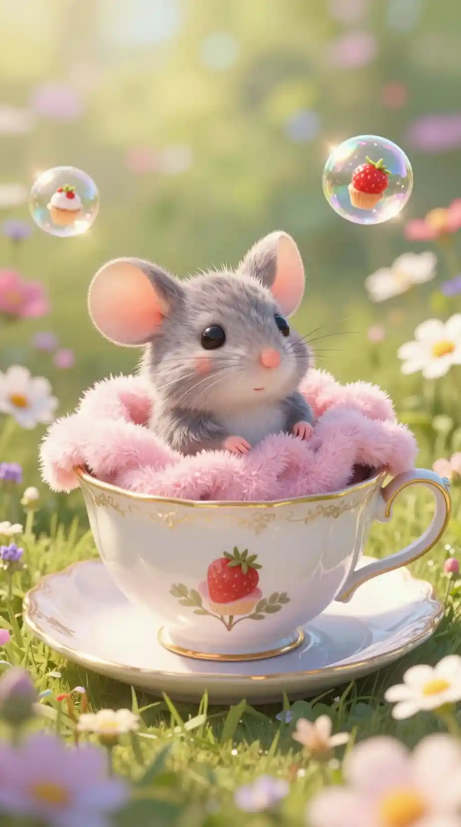 Adorable bébé souris se reposant dans un jardin magique de tasses à thé